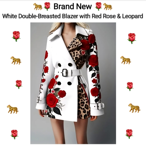 Jackets & Blazers - White Double-Breasted Blazer with Red Rose & Leopard Print, Size XL
